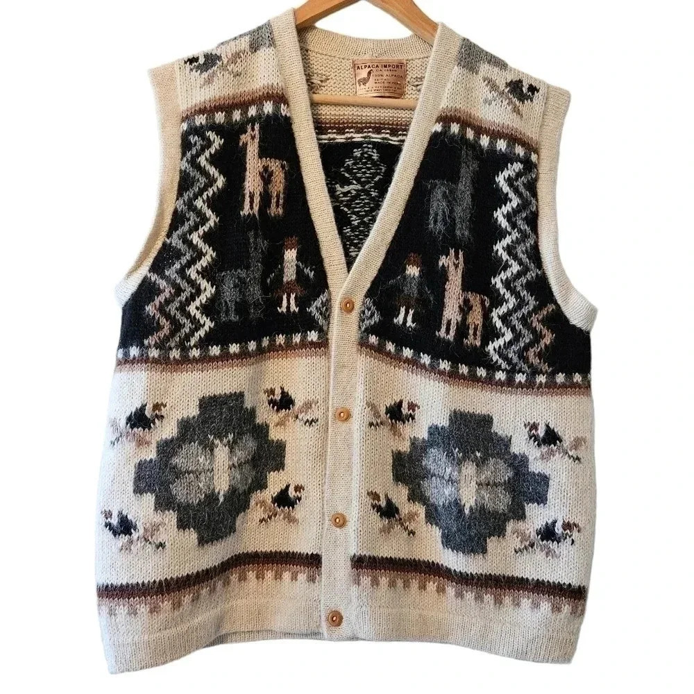 Alpaca Import Peruvian Hand Made Knitted 100% Alpaca Aztec Boho Y2K Vest Sz L